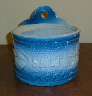 Vintage Brush Mccoy Blue & White Stoneware Salt Crock Rare Eagle Design