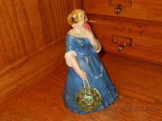 Antique Hubley Lady Belle Victorian Cast Iron Doorstop Blue Paint