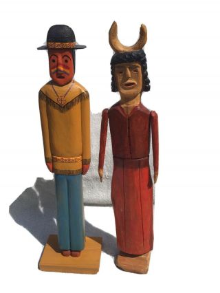Hand Carved Wood Figurines,  Hand Painted Folk Art Man And Woman