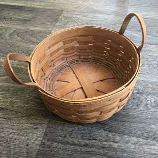 1993 Longaberger Darning Round Basket - Classic Stain & Leather Handles (9 3/4 ")