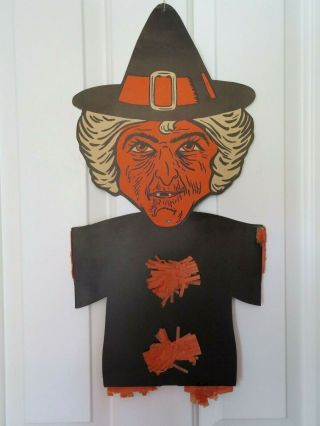 Vintage Beistle Halloween Hanging Witch,  Die - Cut Card Witch - W/o The Crepe Paper