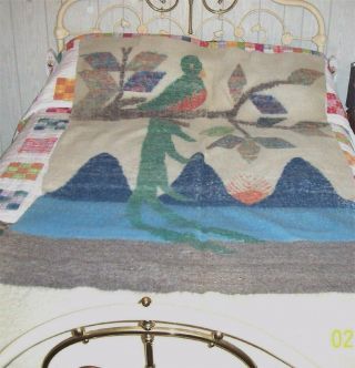 Vintage 100 Wool Multi - Color Woven Blanket,  Artist Bird Design,  Unique
