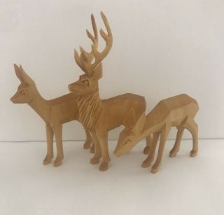 Set Of 3 Artisan Made Wood Carved Deer Buck Erzgebirge Folk Art Germany
