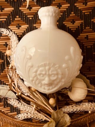 Antique Victorian Milk Glass Jug Bottle Has Stopper Lion Heads 9 1/2 " Ornate
