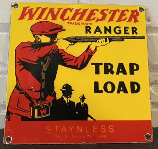 Vintage Winchester Porcelain Sign Leader Ammo Shot Gun Shells 12 Ga Hunting Bird