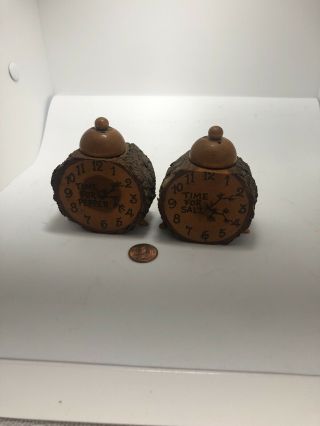 Vintage Wooden Clocks Woodland Museum Cooperstown Ny Salt And Pepper Shakers