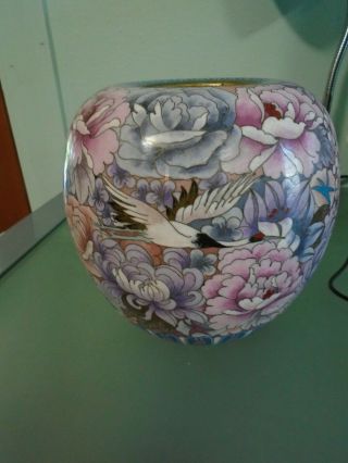 Vintage Enamel On Brass Vase With Birds And Flowers