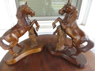 2 Large Wood Horse Sculpture Rearing Hand Carved Detailed Vintage Folk Art