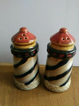 Vintage Red Black Yellow Lighthouse Salt & Pepper Shakers 4 "
