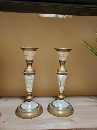 Vintage Pair Brass With Mother Of Pearl Candlestick Holders 6 1/2 Inch Fast Ship