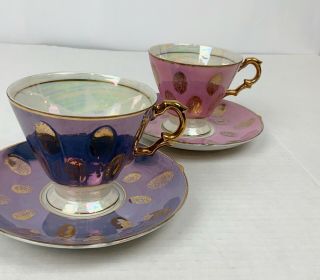 Vintage Lusterware Gold Trim Set Of Two Tea Cup & Saucer Japan Iridescent