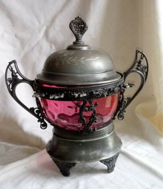Antique Victorian Cranberry Glass Jar & Silver Plate Pickle Caster.