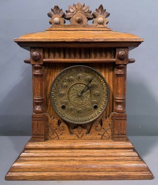 19thc Antique Victorian Era Wood & Brass William Gilbert Old Mantle Clock