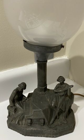 Vintage Art Deco Cast Metal Figural Sculpture Orb Lamp