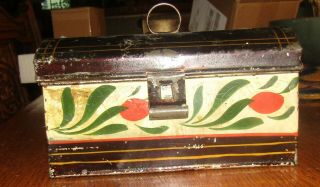 1800s Fine Antique Toleware Document Box Tea Caddy Folk Art Hand Painted Tin