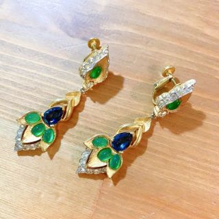Vintage Jomaz Signed Sapphire Blue Stones And Emerald Green Cabochons Earrings