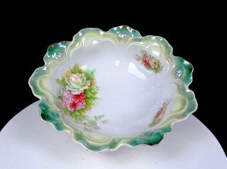 W Bavaria Antique Prussia Porcelain Pink And White Rose 10 3/4 " Center Bowl