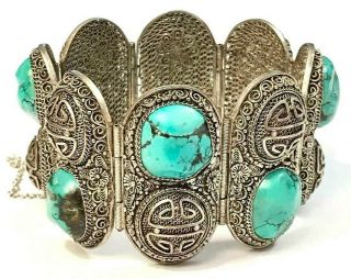 Vintage Chinese Export Silver Filigree & Turquoise Panel Bracelet