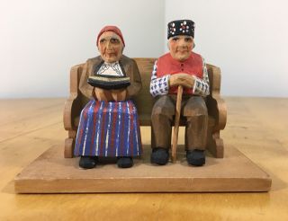 Vintage Hand Carved Man & Woman On Church Pew Figure - Switzerland - Folk Art