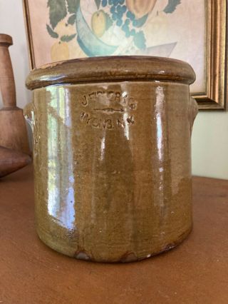 Antique Primitive Salt Glazed Stoneware Crock J.  Fisher & Co.  Lyons,  N.  Y.  - 7.  5 "