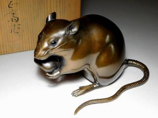 SIGNED Mouse Copper Okimono Statue w/ box Japanese Vintage Artwork 2