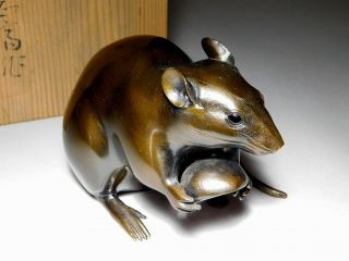 SIGNED Mouse Copper Okimono Statue w/ box Japanese Vintage Artwork 3