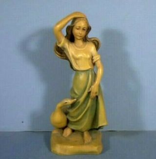 5 " Figurine,  Peasant Girl With Goose,  Wood Carving By Anri,  Italy,  Vintage