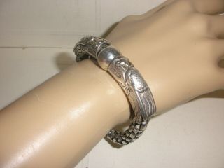 Vintage Signed Chinese Sterling Silver Double Dragon Ball Bangle Bracelet Heavy