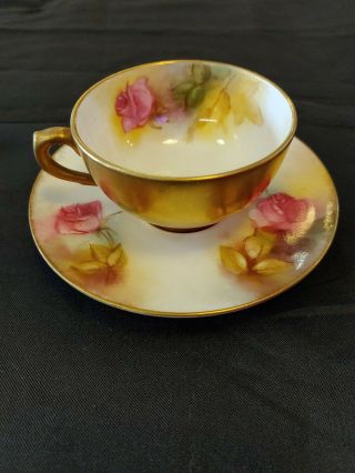 Royal Worcester Demitasse Cup & Saucer Gold With Roses Tings Nicely