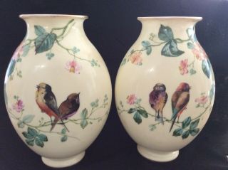 Victorian Glass Hand Painted Birds And Flowers Mantle Vases 10 3/4 " High
