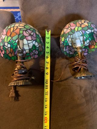 Table Lamps With Stained Slag Glass Shades And Shaped Standards.  11in