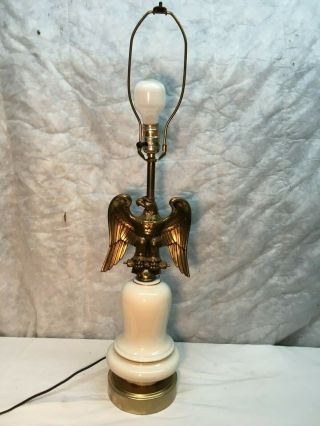 Vintage Ceramic And Brass American Eagle Patriotic Table Lamps Mid Century