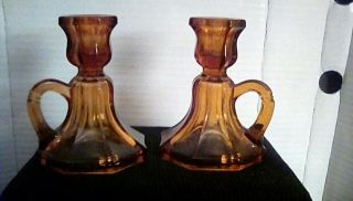 Vintage Set Of Amber Glass Candle Holders With Ring Handles