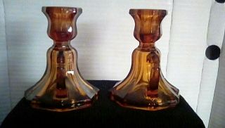 Vintage Set of Amber Glass Candle Holders with Ring Handles 2