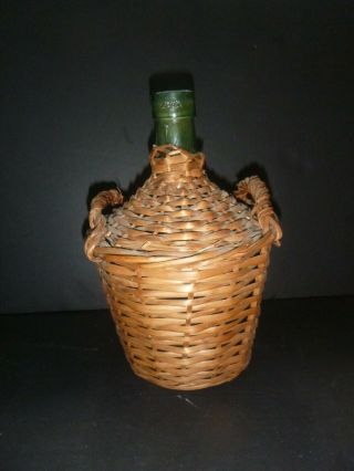 Vintage Green Glass Jug Demijohn Bottle Wicker Rattan W/ Handles Vialbox