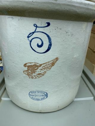 Vintage Primitive 5 Gallon Red Wing Potteries Stoneware Crock Bail Handles & Lid 2