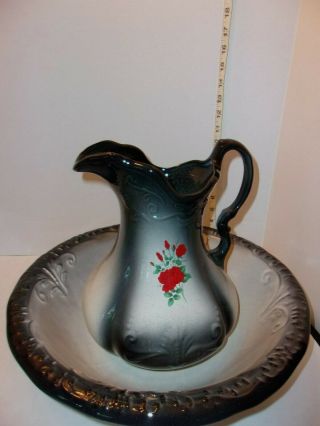 Vintage Ironstone Usa Very Large Black,  White Florals Victorian Pitcher & Basin