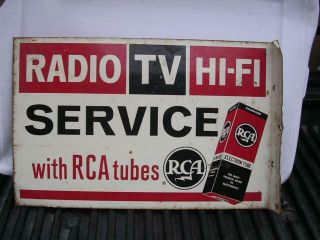Vintage R C A Radio T V Hi Fi Service With R C A Tubes 2 - Sided Hanging Tin Sign