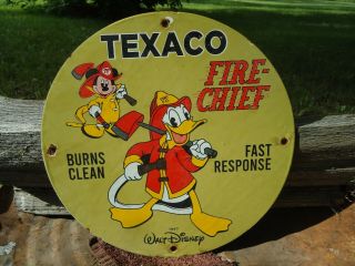 Old Vintage 1967 Texaco Fire Chief Gasoline Porcelain Gas Sign Mickey Mouse