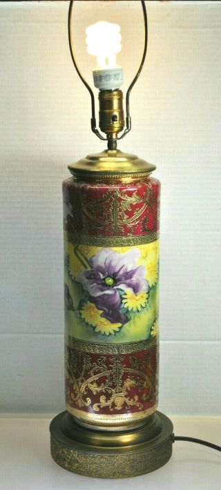 Antique Nippon Moriage Porcelain Lamp Hand Painted Floral Design Gold Gilding