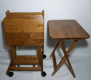 Vintage Set Of Solid Oak Wood Folding Tv Tray Tables,  Cart Storage Stand