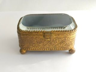 Antique Victorian Beveled Glass Jewelry Casket Box Ormolu Gilt Trinket Silk