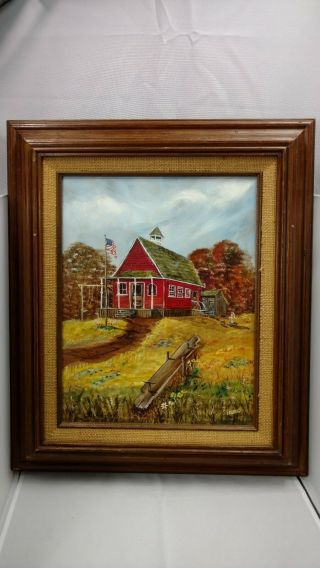 Vintage - Artist Signed J Sloan Framed Oil Painting Schoolhouse Outhouse Seesaw