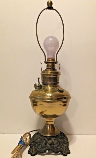 Antique Brass Oil Lamp Converted To Electric - & Great 21 " Tall