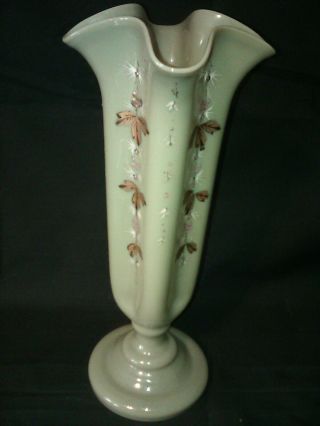 Antique Victorian Bristol Green Glass Hand Painted Enameled Flower Design Vase