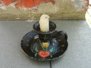 Vintage Toleware Painted Cast Iron Candle Holder With Finger Loop