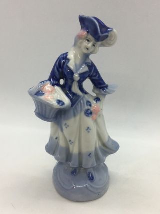 Occupied Japan Lady Figurine With Basket Of Flowers 5” Tall