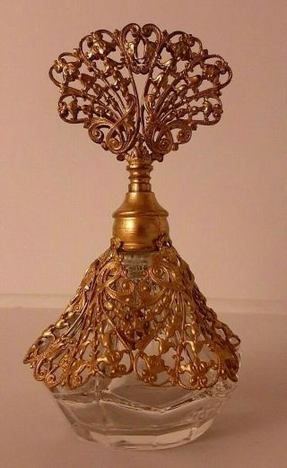 Vintage Gold Filigree Ormolu Crystal Glass Perfume Bottle