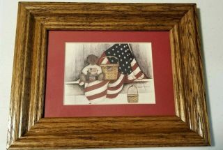 Pat Richter " Discover America " Teddy Bear Longaberger Basket Wooden Framed Art