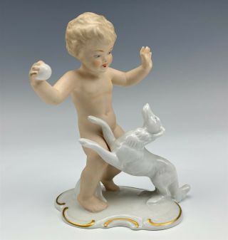 Wallendorf Germany Nude Cherub Boy K9 Dog Art Deco Signed Porcelain Figurine Mar